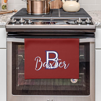 Linge De Cuisine Rouge Blanc & Bleu Nom et Monogramme Personnalisé