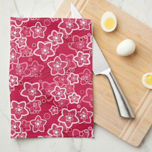 Linge De Cuisine rouge blanc floral rustique mode motif rétro (Quart Plié)