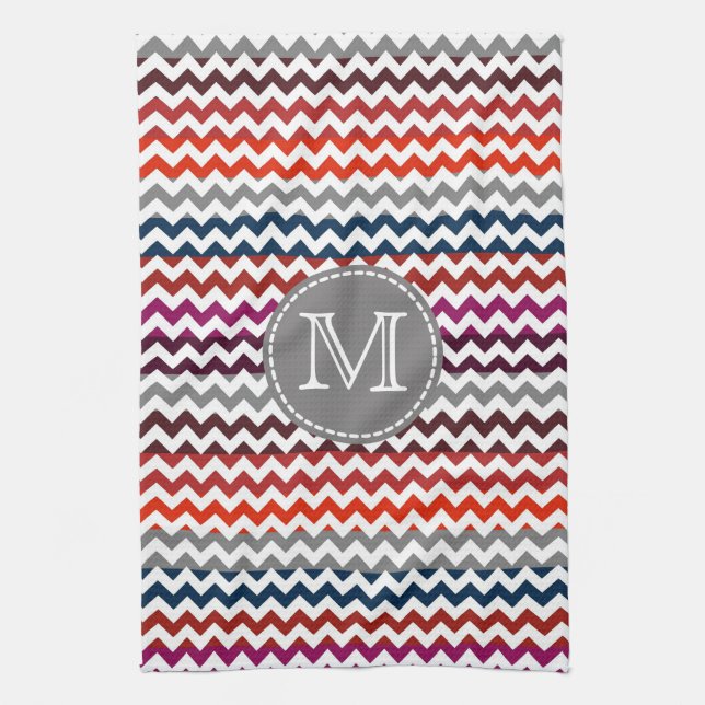 Linge De Cuisine Rouge blanc gris Chevron Zigzag Monogramme (Vertical)