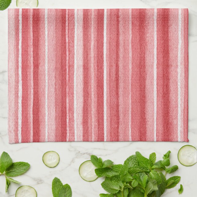 Linge De Cuisine Rouge Blanc Rosé Roses Rayures (Plié)