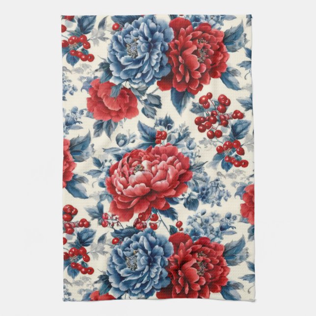 Linge De Cuisine Rouge Bleu Blanc Floral Patriotique (7) (Vertical)
