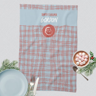Linge De Cuisine Rouge Bleu Glacé Rétro Grille Santa Aide Noël