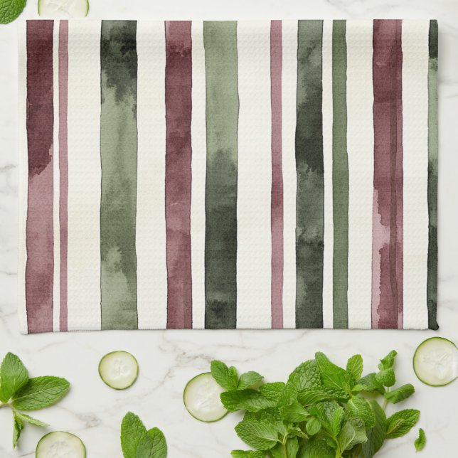 Linge De Cuisine Rouge Bourgogne Vert Crème Rayures Noël (Plié)