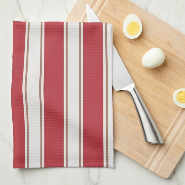 Linge De Cuisine Rouge Classique, Blanc et Rayures de Souris Mocha (Quart Plié)