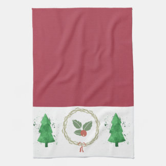 Linge De Cuisine Rouge et blanc avec houx et arbres de Noël