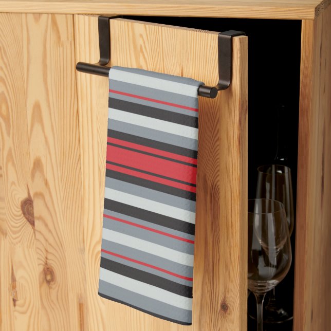 Linge De Cuisine Rouge et gris rayé  (Pliage en tiers)