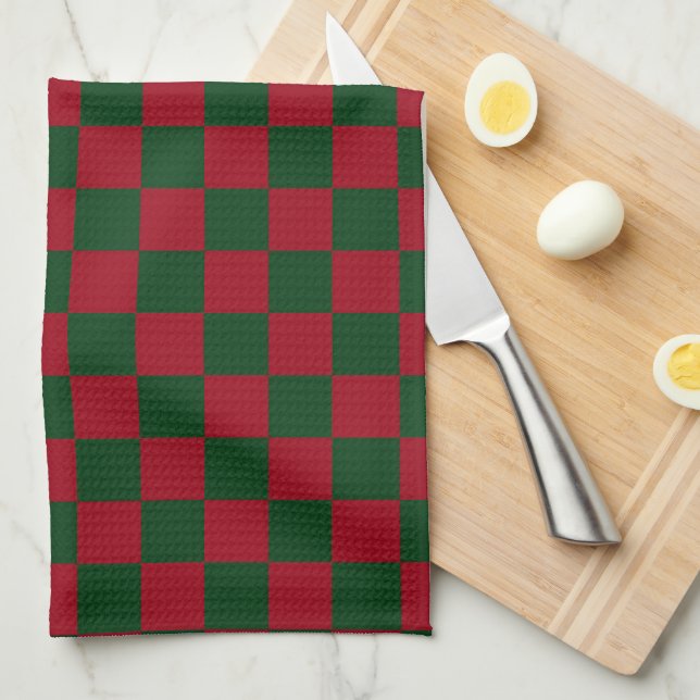Linge De Cuisine Rouge et Vert Imprimé Damier Noël Classique (Quart Plié)