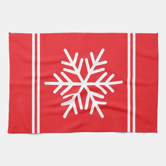 Linge De Cuisine Rouge Festif Rayures Blanches Flocon Nordique (Horizontal)