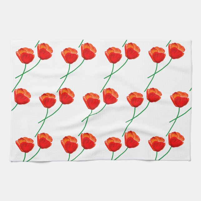 Linge De Cuisine Rouge Fleurs de pavot Coeur Blanc (Horizontal)