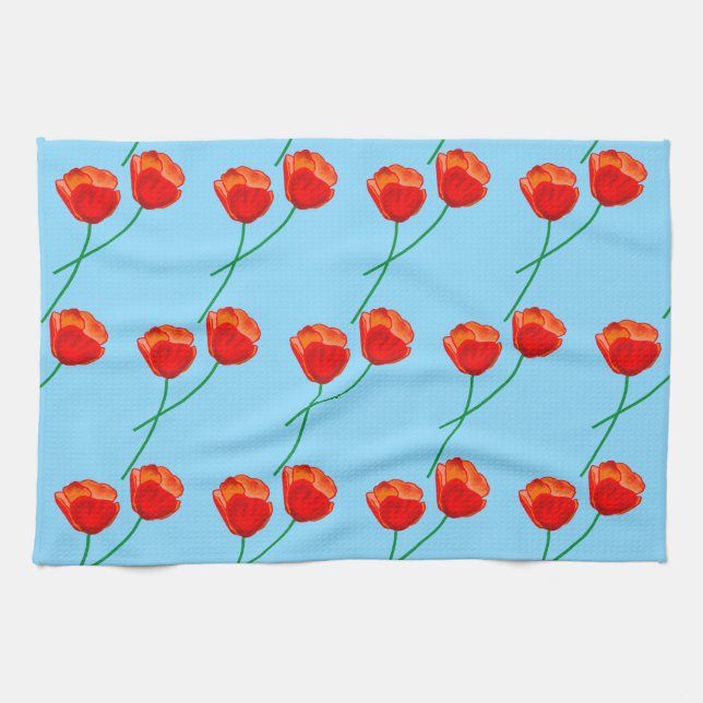 Linge De Cuisine Rouge Fleurs de pavot Coeur Ciel Bleu (Horizontal)