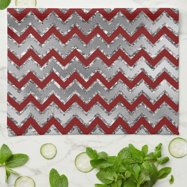 Linge De Cuisine Rouge Glam argent blanc Zigzag rayures (Plié)