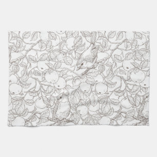 Linge De Cuisine Rouge-gorges dans le pommier/brun et blanc