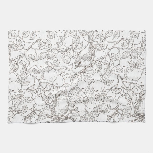 Linge De Cuisine Rouge-gorges dans le pommier/brun et blanc (Horizontal)