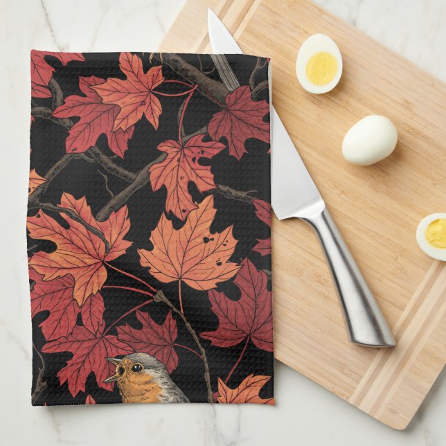Linge De Cuisine Rouge-gorges dans l'érable (Quart Plié)