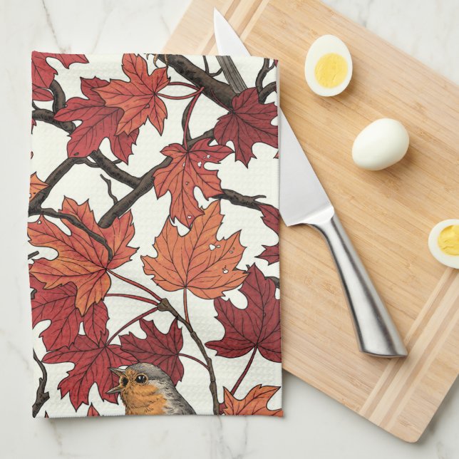 Linge De Cuisine Rouge-gorges dans l'érable sur fond blanc cassé (Quart Plié)