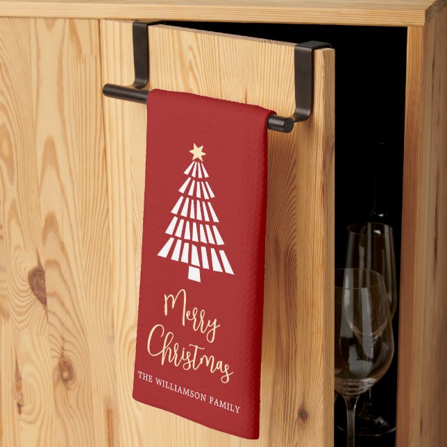 Linge De Cuisine Rouge Joyeux Noël Script 3 Arbres Simple Personnal (Pliage en tiers)