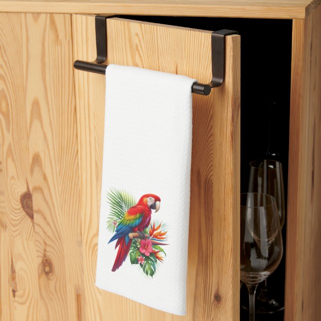 Linge De Cuisine Rouge macaw tropical floral (Pliage en tiers)