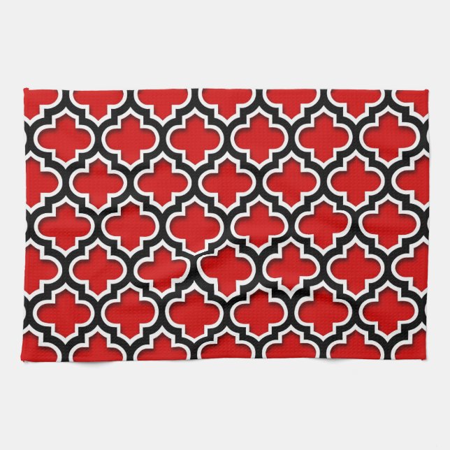 Linge De Cuisine Rouge noir blanc Marocain Quatrefoil Motif #5DS (Horizontal)