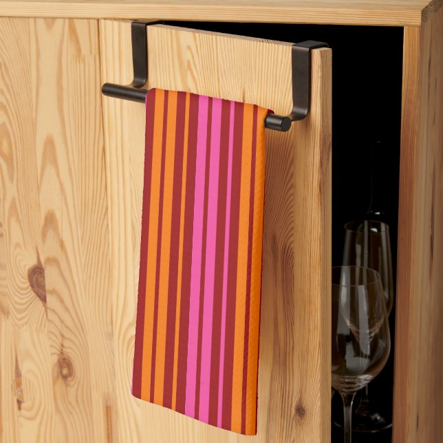 Linge De Cuisine Rouge Orange Rose Design à rayures verticales   (Pliage en tiers)