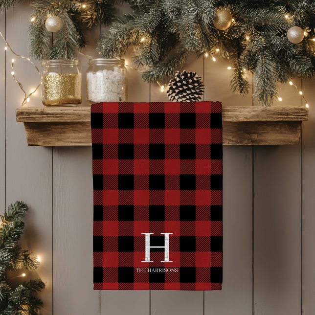 Linge De Cuisine Rouge plaid buffalo noir monogramme vacances (Créateur téléchargé)
