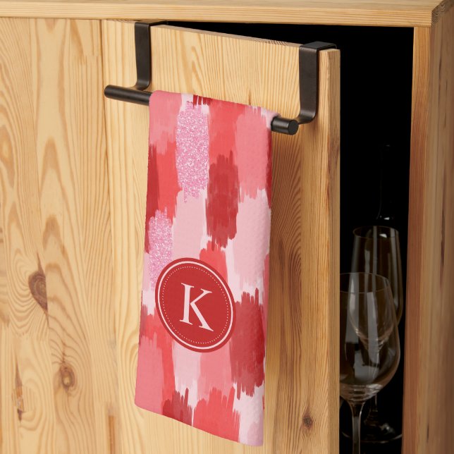 Linge De Cuisine Rouge rose Abstrait brosses Motif Monogramme (Pliage en tiers)