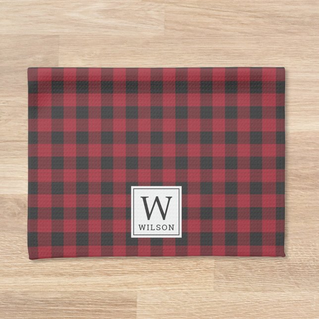 Linge De Cuisine Rouge Rustique Monogramme Noël à carreaux de bœuf (Créateur téléchargé)