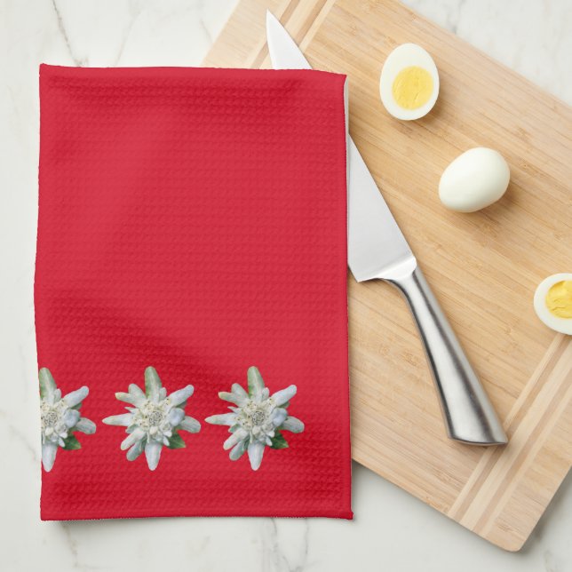 Linge De Cuisine Rouge Swiss Towel Suisse fleurs Edelweiss (Quart Plié)