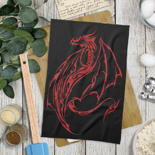 Linge De Cuisine Rouge Tribal Dragon Noir