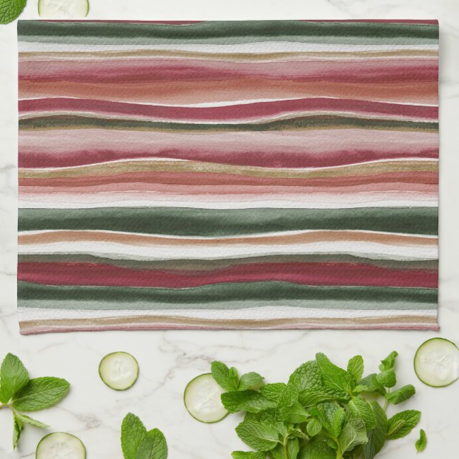 Linge De Cuisine Rouge Vert Blush Rayures Blanches  (Plié)