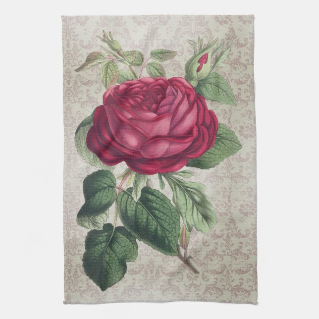 Linge De Cuisine Rouge Vintage Ross avec Damassé  (Vertical)