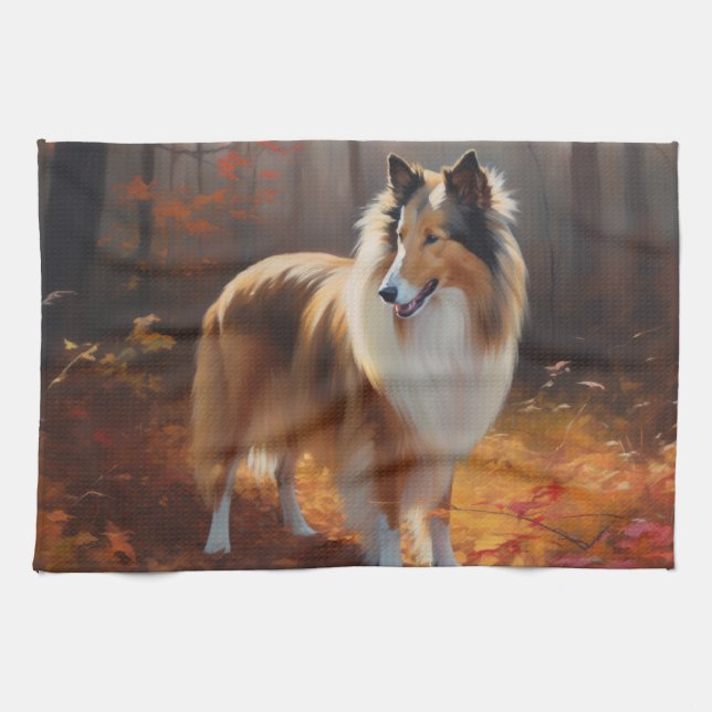 Linge De Cuisine Rough Collie dans l'automne Leaves automne Inspire (Horizontal)