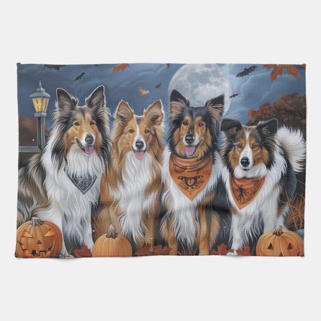 Linge De Cuisine Rough Collie Halloween Épouvantable (Horizontal)