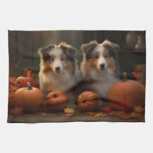 Linge De Cuisine Rough Collie Puppy Automne Citrouille de plaisir