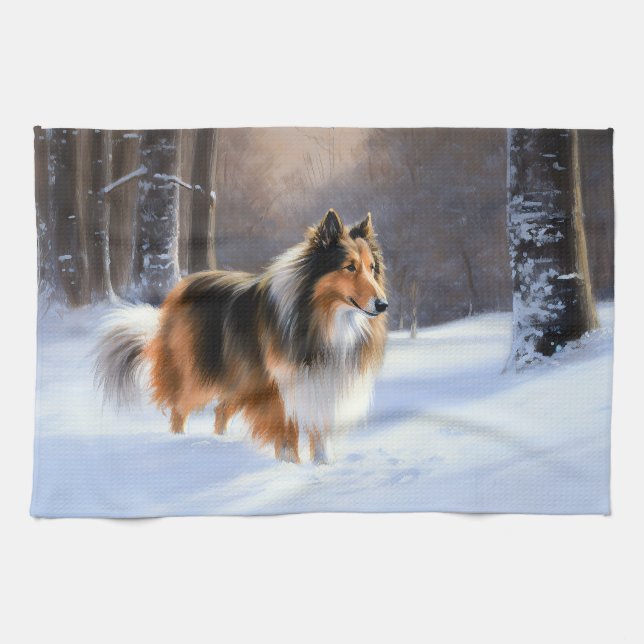 Linge De Cuisine Rough Collie Qu'il neige Noël (Horizontal)