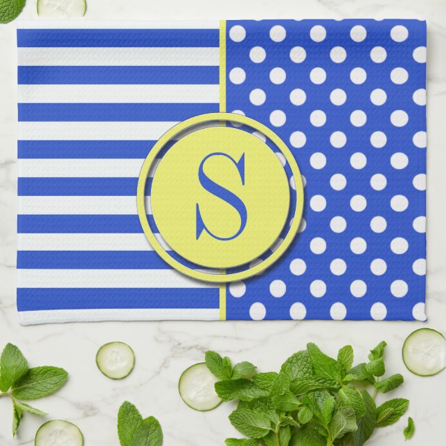 Linge De Cuisine Royal Blue Pois et stries-Monogram STaylor (Plié)