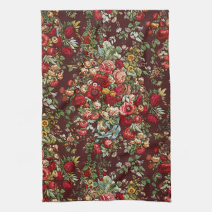 Linge De Cuisine Ruban à motif floral de rose victorienne bordeaux