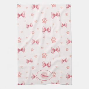 Linge De Cuisine Ruban rose, Coeur et Motif Empreinte de patte - Ro