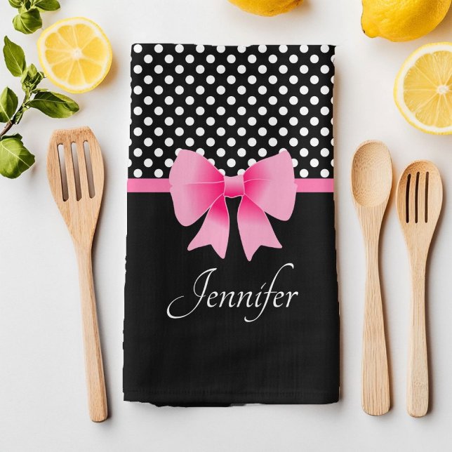 Linge De Cuisine Ruban rose points noirs et blancs Nom (Cute Pink Bow Black And White Kitchen Towel
)