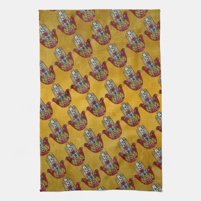 Linge De Cuisine Ruby Pomegranate Heart Red Bird Hamsa (Vertical)