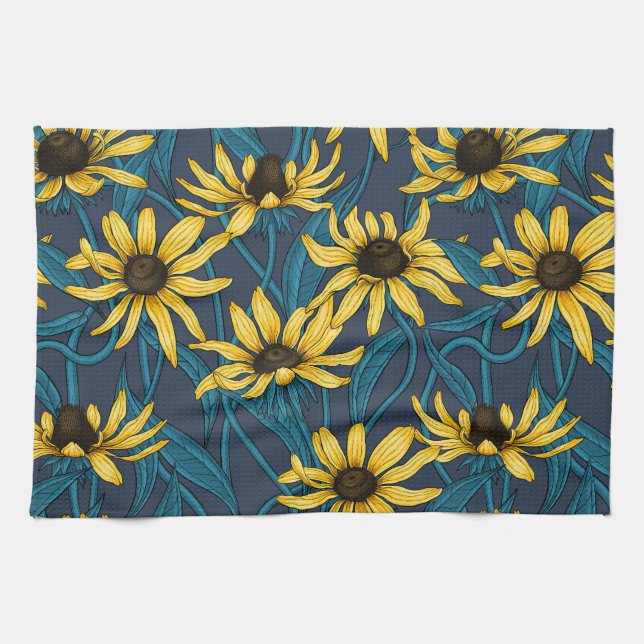 Linge De Cuisine Rudbekia jaune sur la marine (Horizontal)