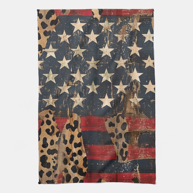 Linge De Cuisine Rustic American Flag Leopard Print (3) (Vertical)
