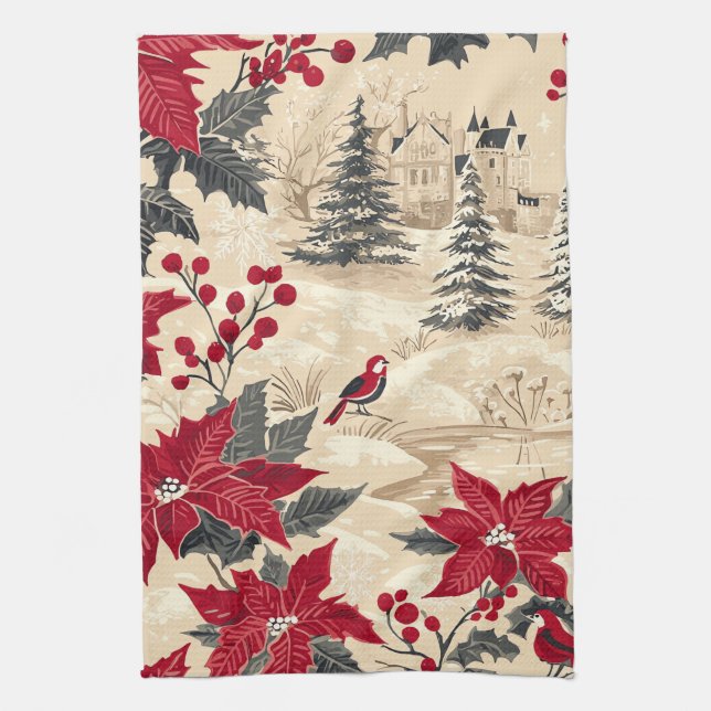 Linge De Cuisine Rustic Bird et Poinsettia Motif de Noël (12) (Vertical)