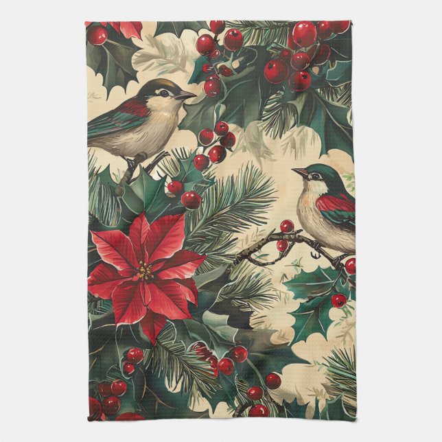 Linge De Cuisine Rustic Bird et Poinsettia Motif de Noël (13) (Vertical)