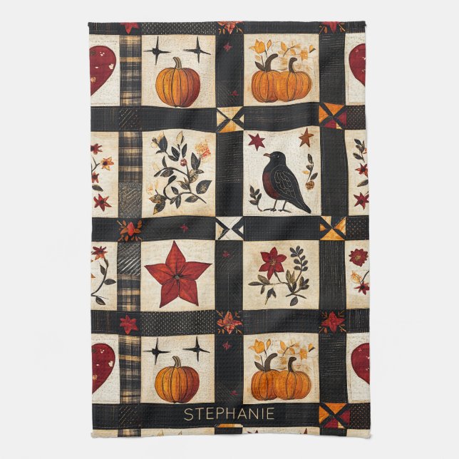 Linge De Cuisine Rustic Fall Quilt Motif | Patchwork agricole (Vertical)
