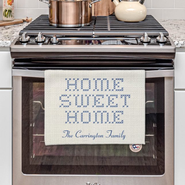 Linge De Cuisine Rustic Faux Cross-Stitch Accueil Doux Maison Bleu (Rustic Faux Cross-Stitch Home Sweet Home Blue Kitchen Towel
)