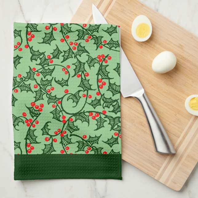 Linge De Cuisine Rustic Holly et Berry Motif de vacances sur Green (Quart Plié)