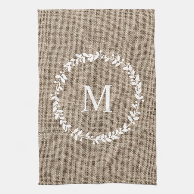 Linge De Cuisine Rustic Laurel Wreath Farmhouse Style Monogramme (Vertical)