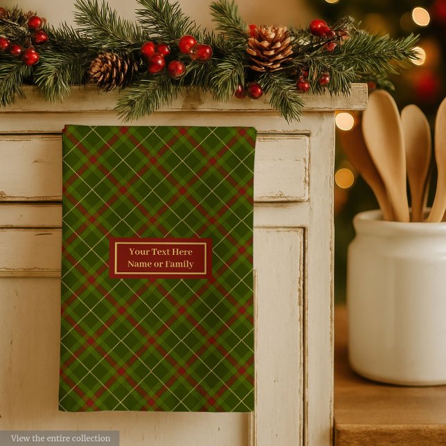 Linge De Cuisine Rustic Olive Green Fall Tartan Towel Custom Name (Trendy Plaid Hand Towel Thanksgiving Monogram Style)