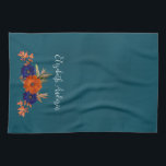Linge De Cuisine Rustique Automne Orange Navy Bleu Floral<br><div class="desc">Floral d'automne rustique : bleu marine et terre cuite brûlé orangé floral avec feuillage d'automne. Caractéristiques turquoise bleu et typographie de script moderne</div>