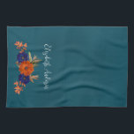 Linge De Cuisine Rustique Automne Orange Navy Bleu Floral<br><div class="desc">Floral d'automne rustique : bleu marine et terre cuite brûlé orangé floral avec feuillage d'automne. Caractéristiques turquoise bleu et typographie de script moderne</div>
